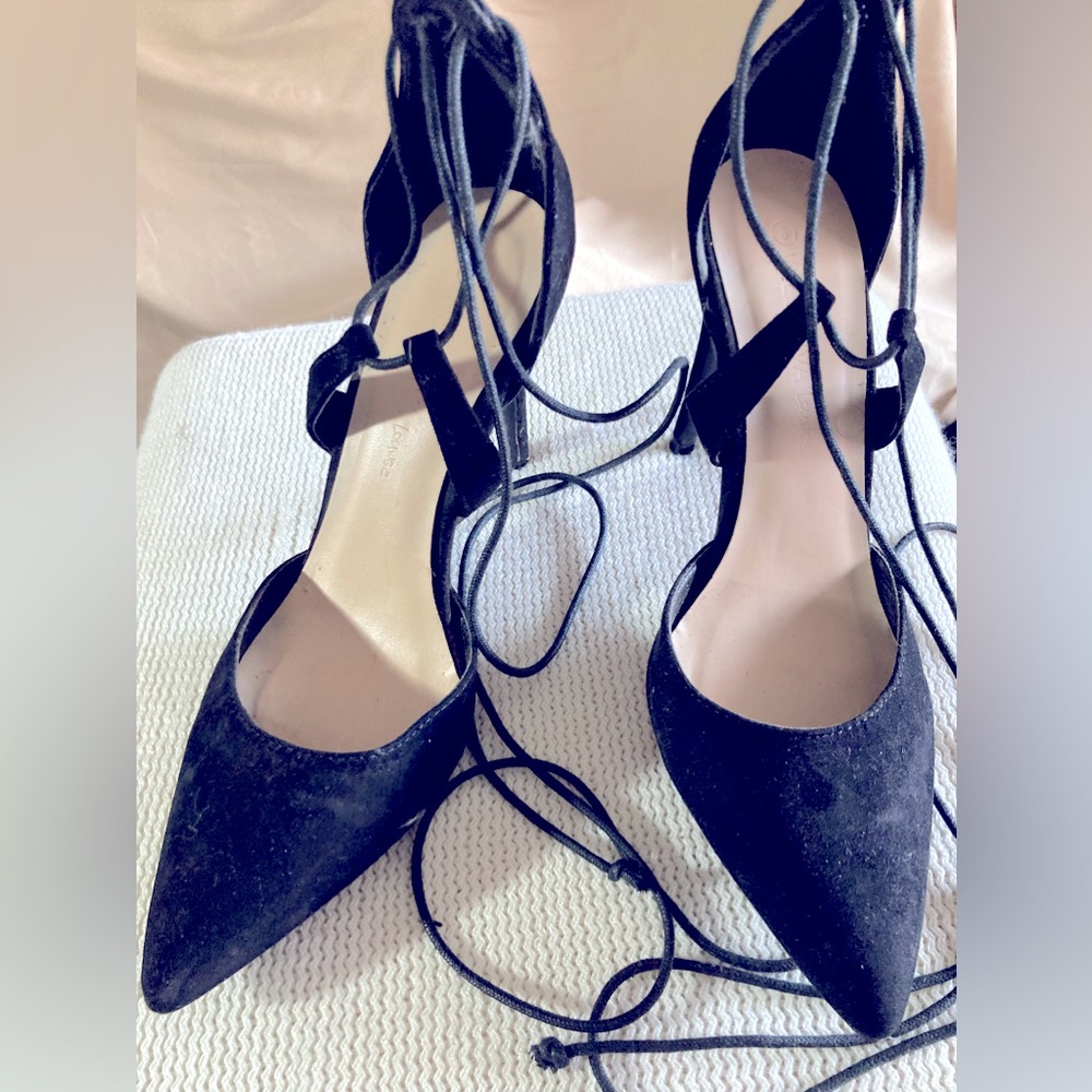 Black suede string up pumps, size 8